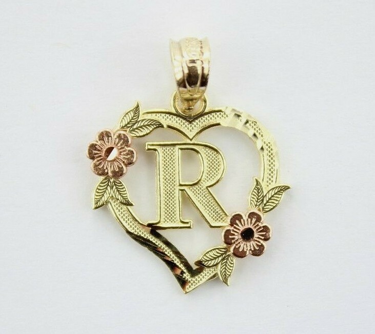 10k Yellow Rose Gold Heart Flower Alphabet Initial Letter Pendant Charm Women