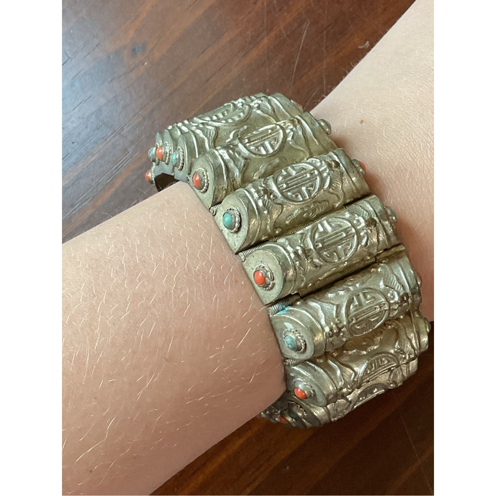 Vintage Chinese Export Silver Tone Asian Bracelet Cuff