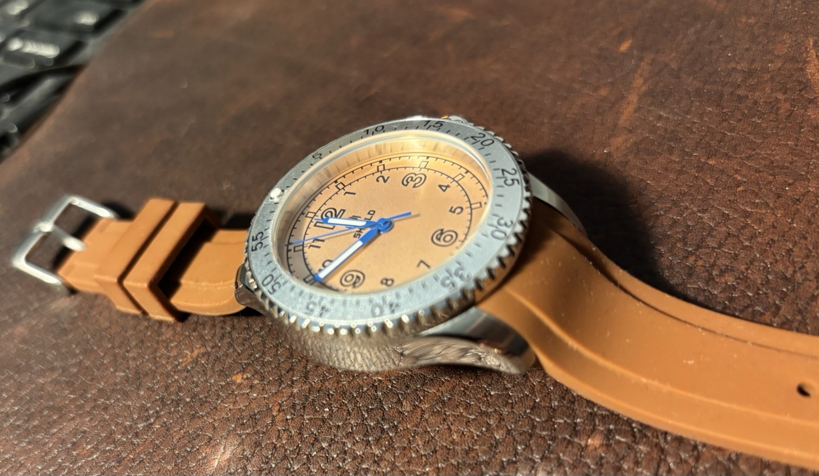 SHIELD Analog Japan Movement 200m Beige Dial Brown Silicone Strap w/Box