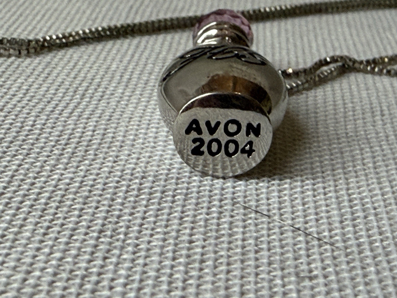 Avon 2004 Vintage Signed Perfume Bottle Pendant Necklace Pink Crystal 18in
