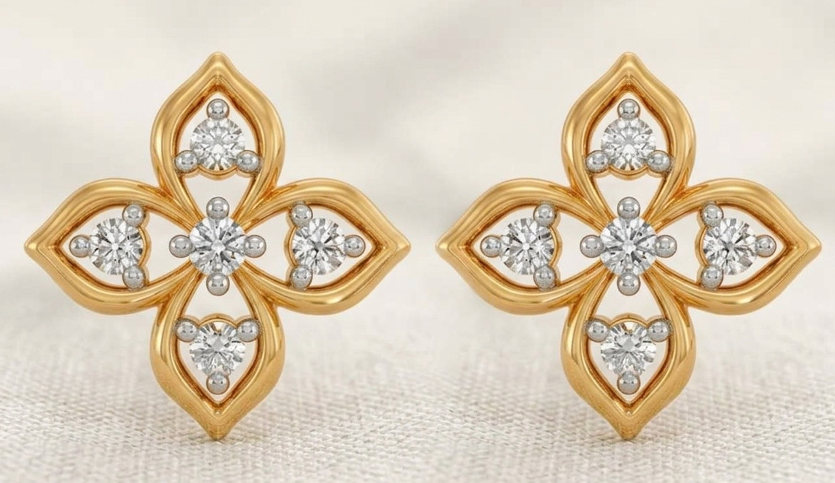 Simulated Diamond Quatrefoil Flower Cluster Stud Earrings 14K Yellow Gold Plated