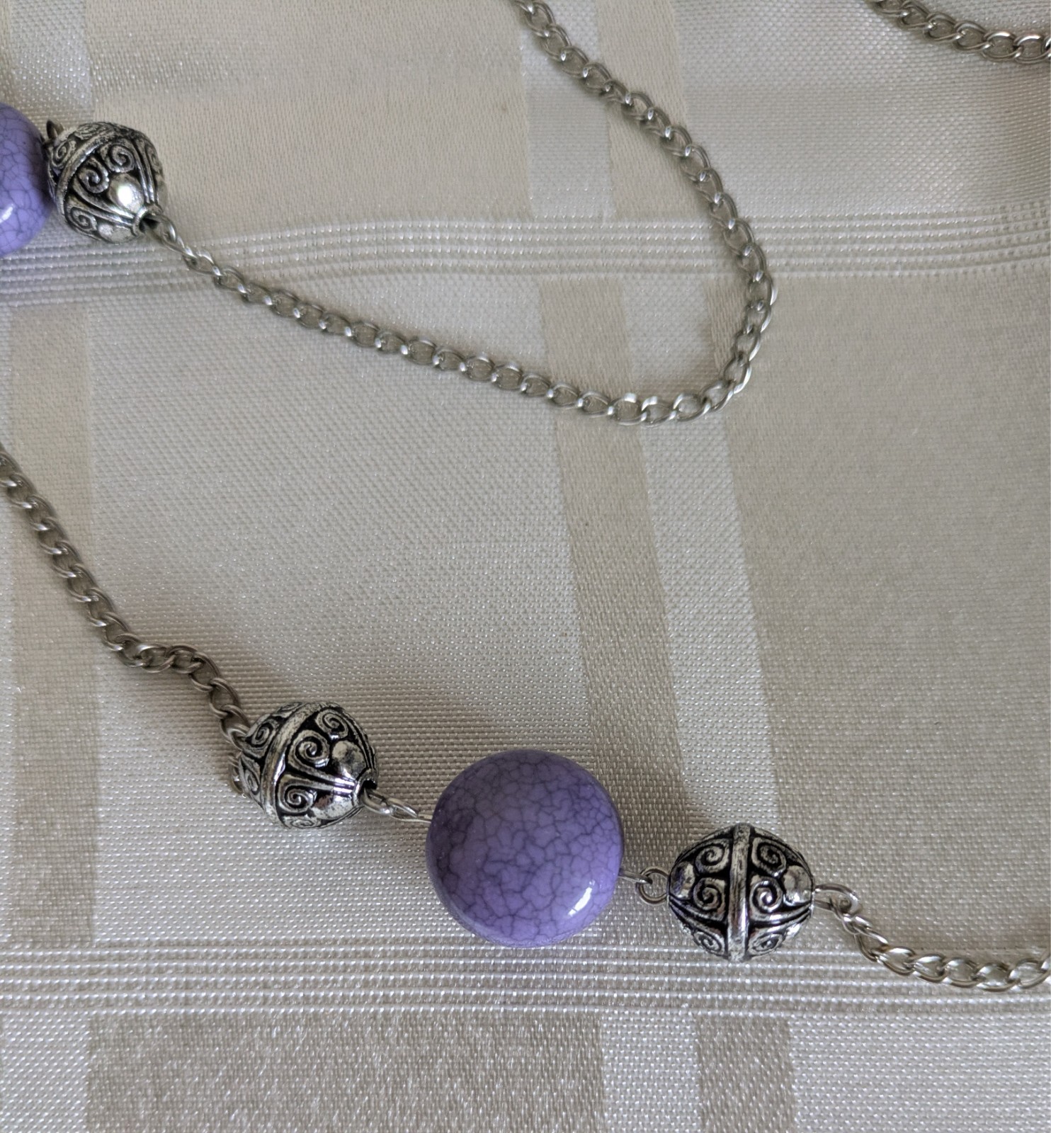 Silvertone Chain Necklace With Purple Beads And Silvertone Orbs 92 Cm Long