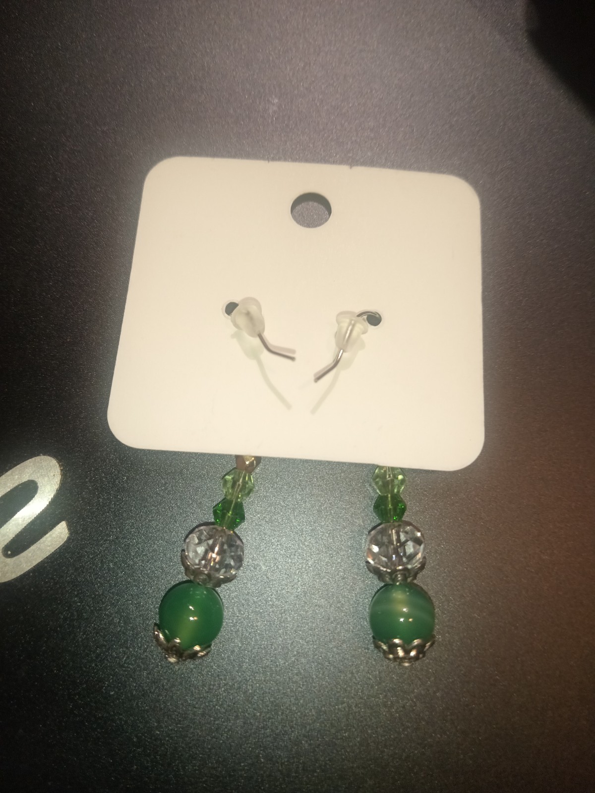 New handmade mixed green & clear glass 925 French hook earrings