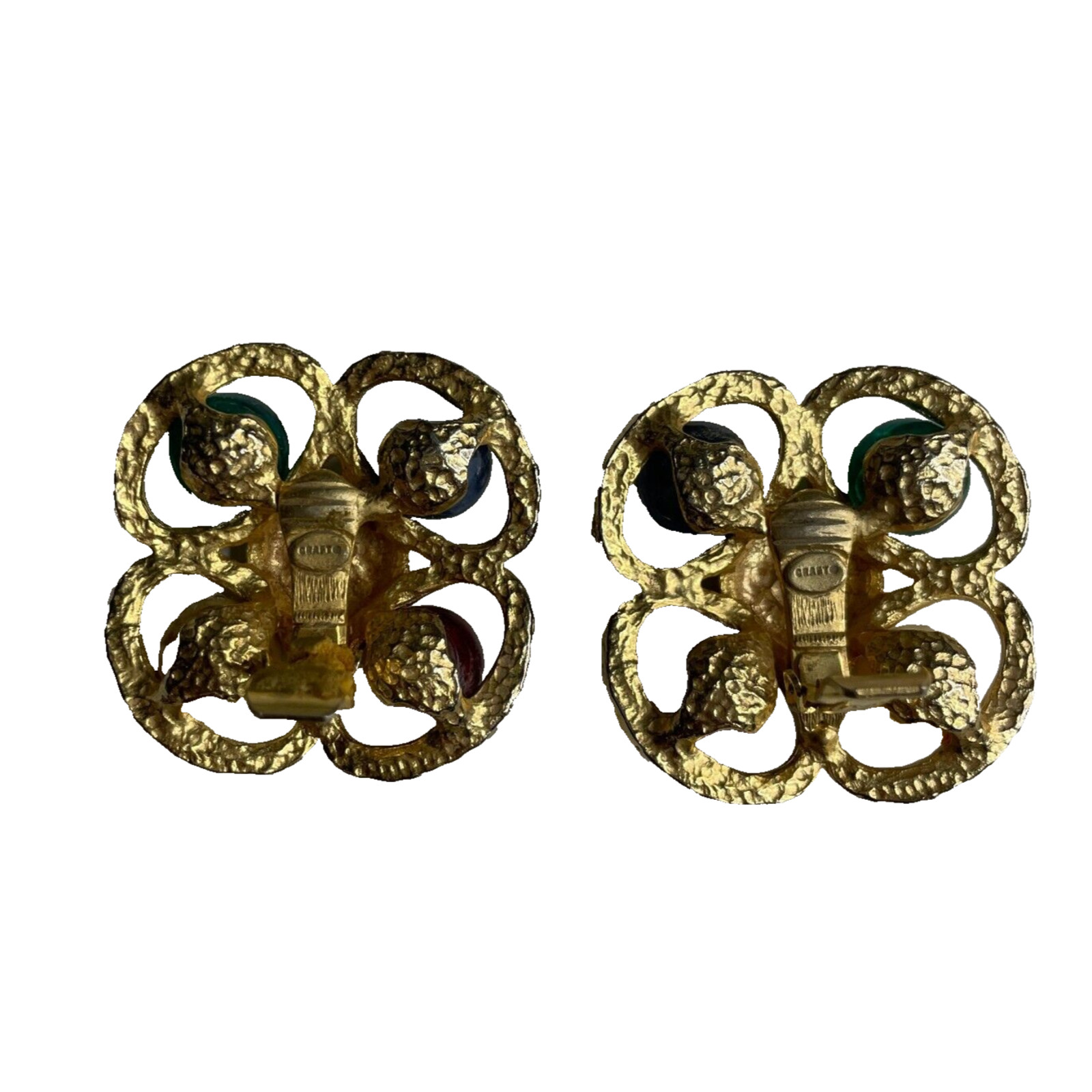 Vintage Signed Craft Gem-Craft Mogul Acrylic Gem Gold Tone Clip On Earrings