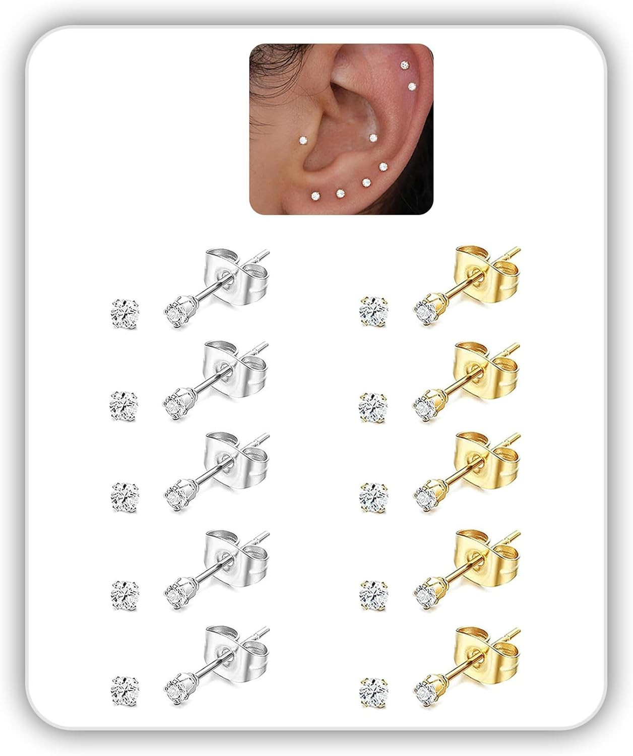3-5 Pairs Square Earrings Set for Men Women, 14K Gold Filled Princess Cut Clear