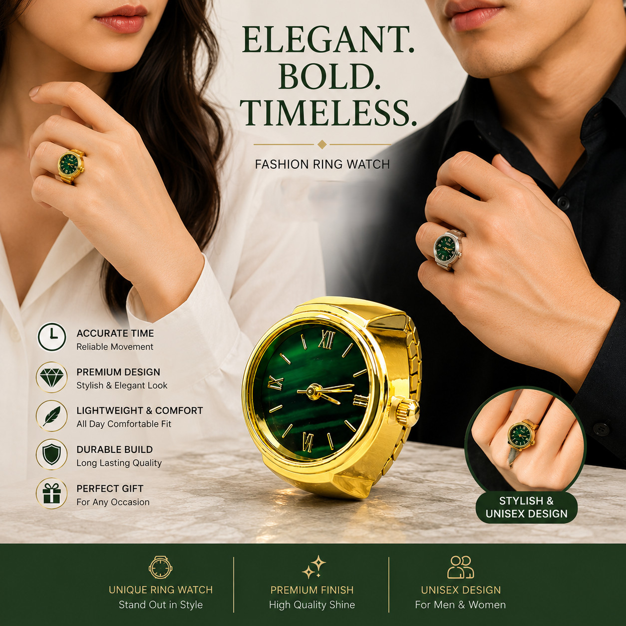 Creative Alloy Shell Finger Ring Watch Green Dial Couple Men Women