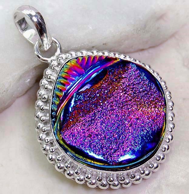 22CT Natural Titanium Druzy 925 Solid Sterling Silver Pendant Jewelry @B19-1