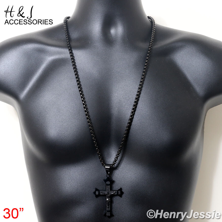18-40″MEN Stainless Steel 5mm Black Plated Box Link Chain Jesus Cross Pendant*28