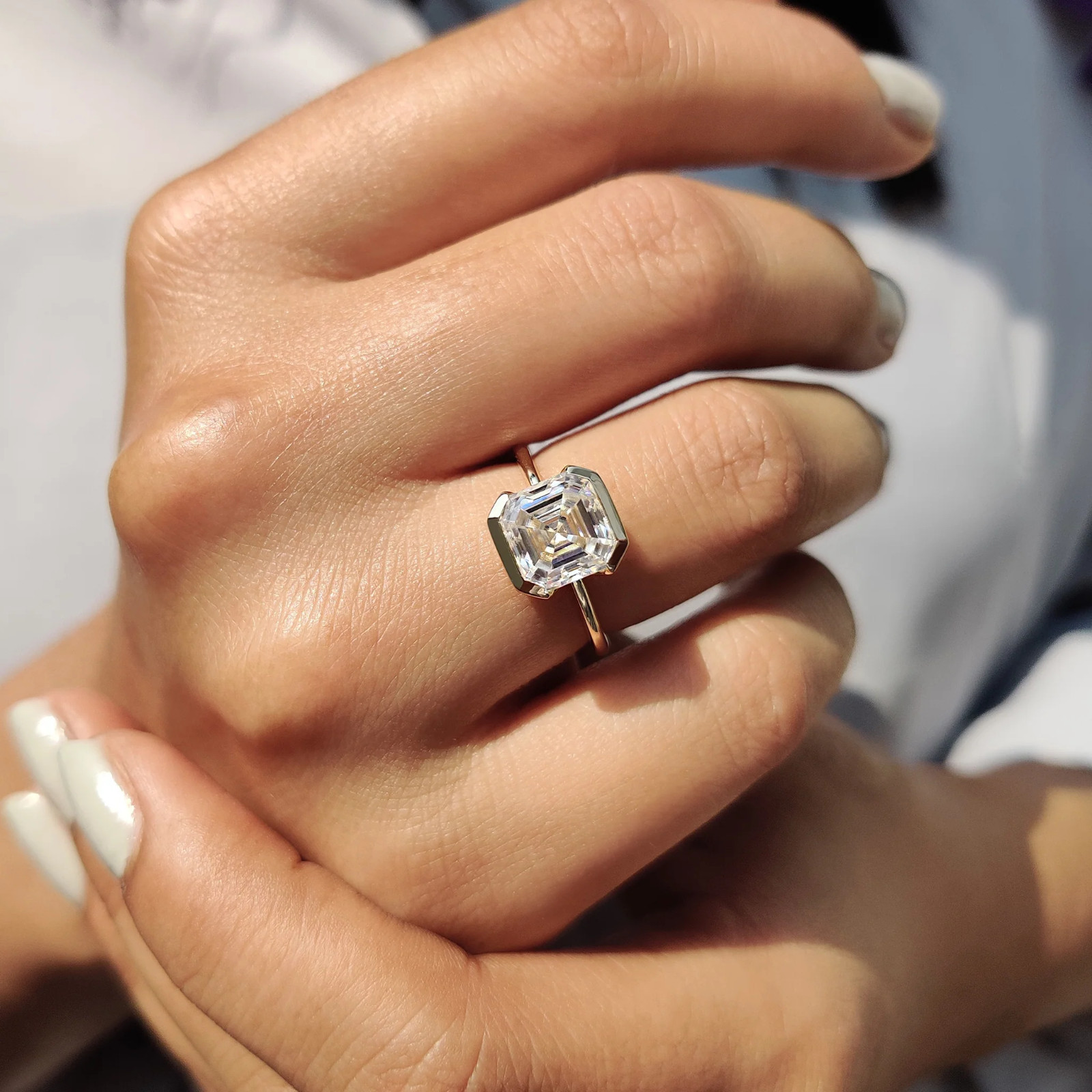 2.0CT Asscher Cut Moissanite Half Bezel Engagement Ring 14K Yellow Gold Plated