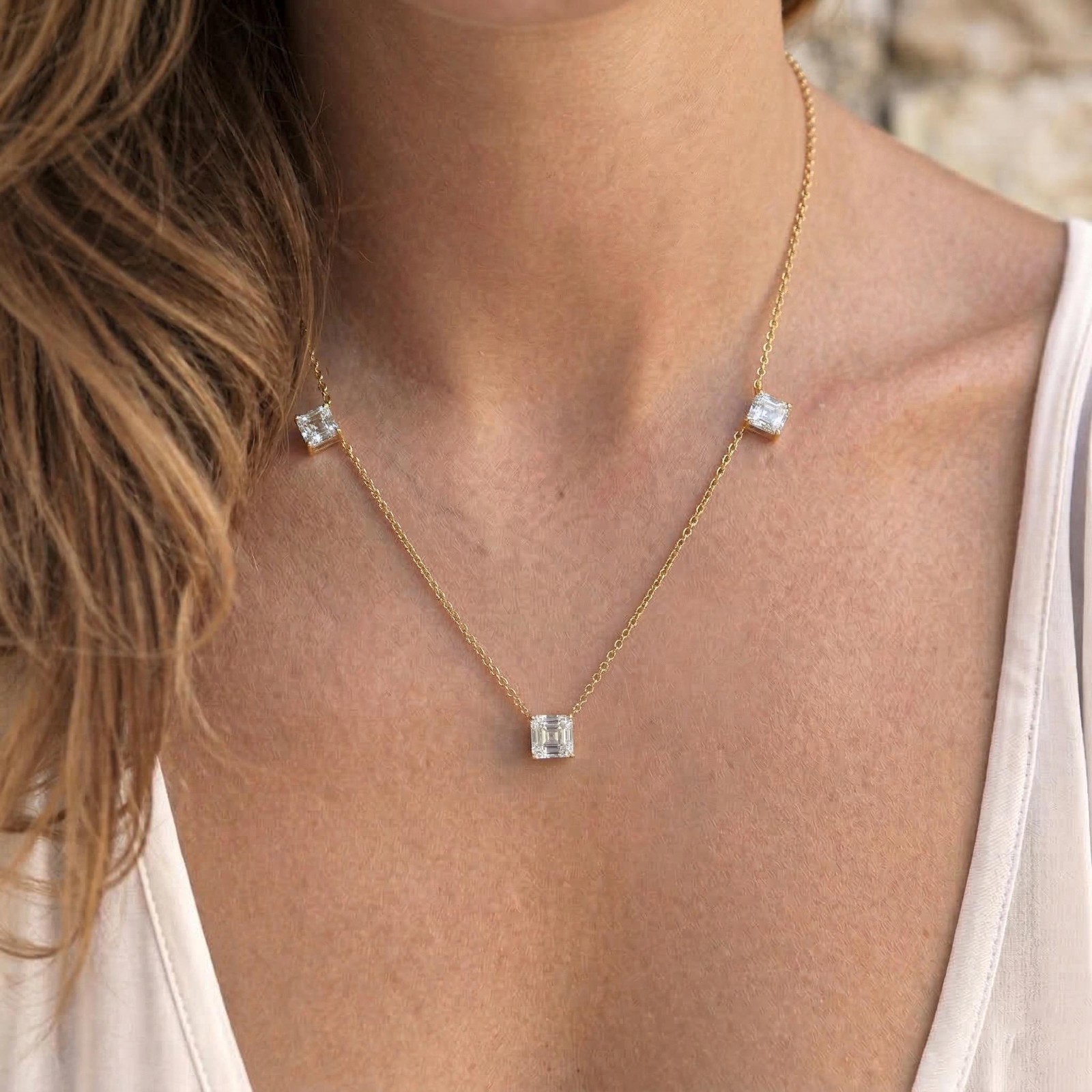 Dainty Gold Three Stone Necklace, White Zircon Necklace, Minimalist Station Neck