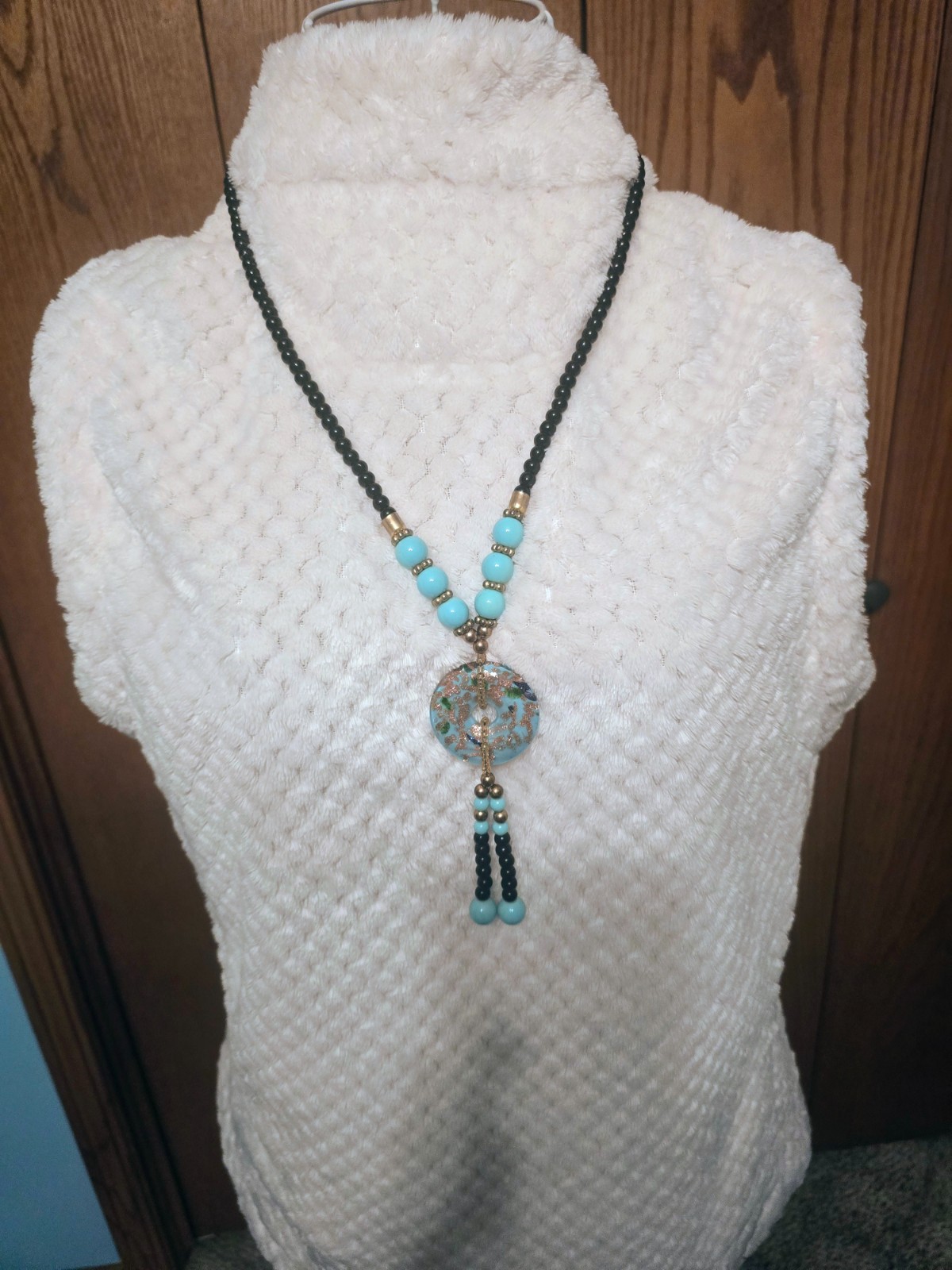 Black & Turquoise Blue Beaded Necklace Large Foil Glass Pendant NWOT
