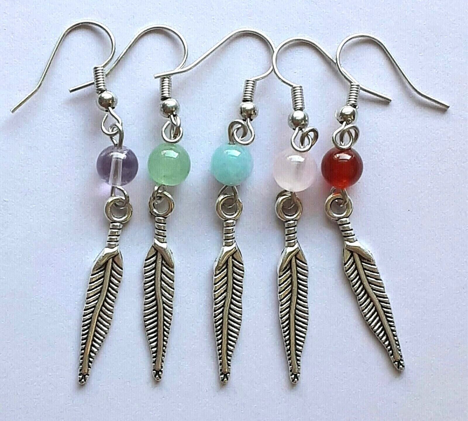 GEMSTONE & Feather dangles fish hook handcrafted YOU CHOOSE XGE