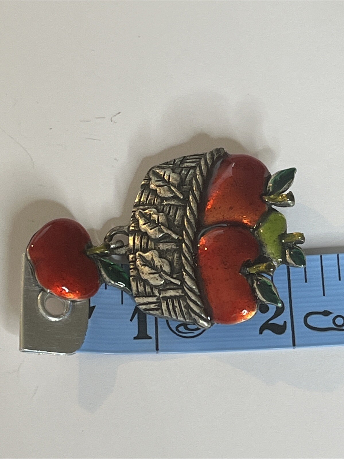 AJMC Vintage Pewter Brooch Pin Enamel Red Green Apple Basket Teacher Charm