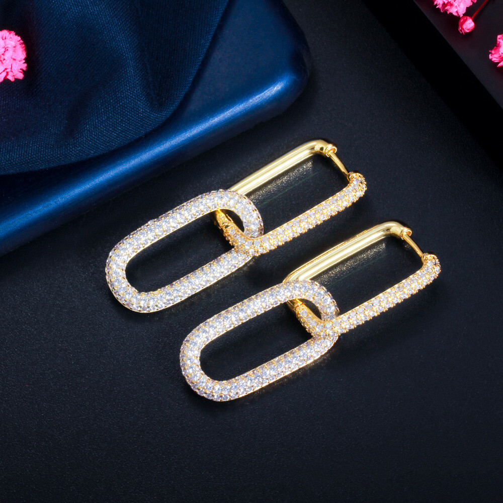 Gold Plated Mix Multicolor CZ Bridal Dangle Drop Rectangle Charm Hoop Earrings