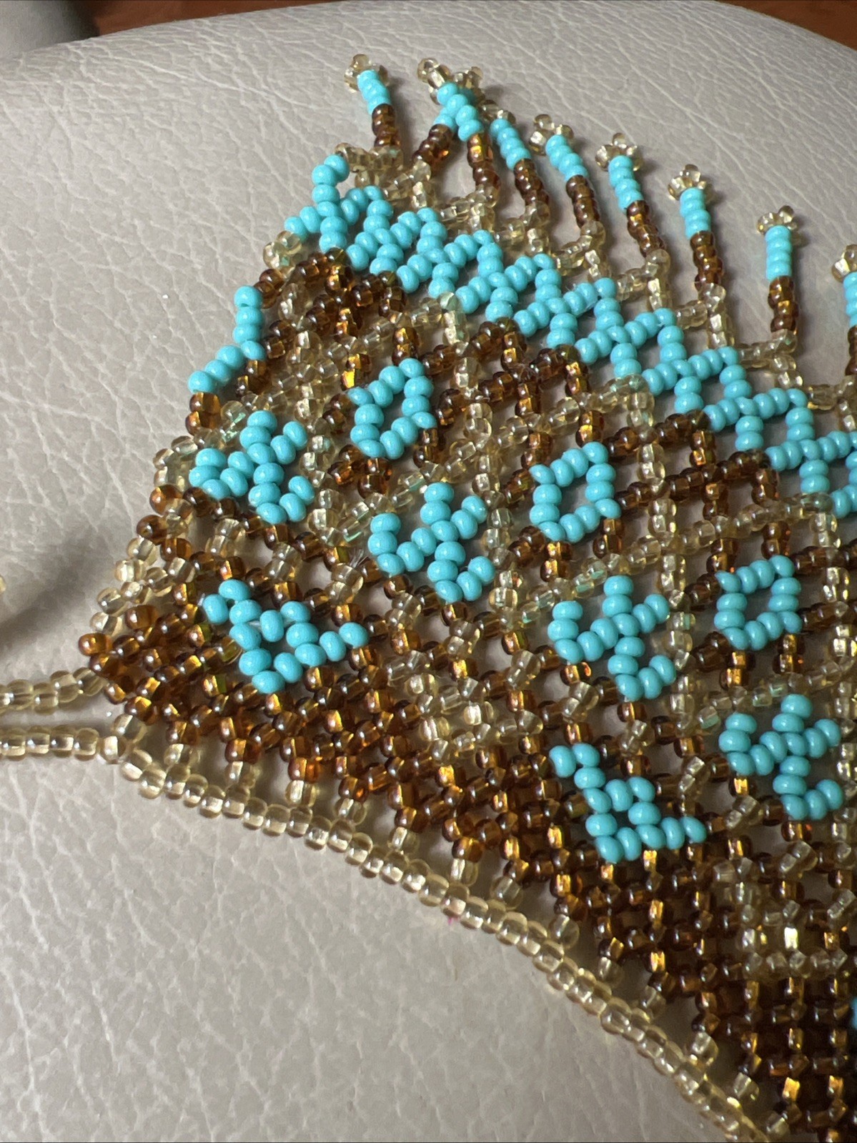 Beautiful Handmade Blue /brown/Yellow Seed Beaded Collar 16.5” Necklace