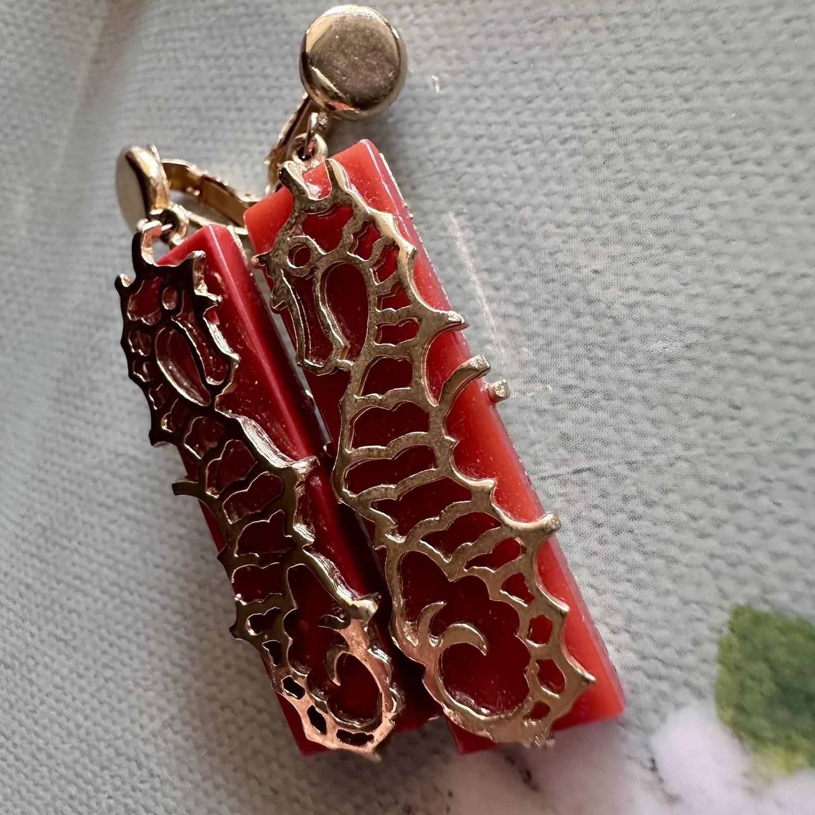 Rare Signed Boucher Seahorse Clip Earrings Red Glass Gold Tone Nautical VTG
