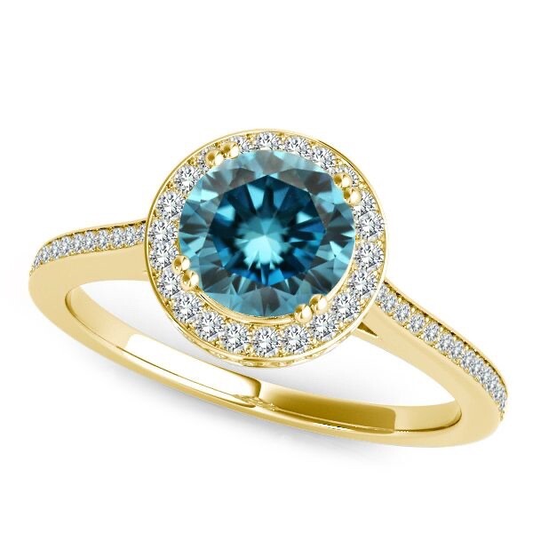 Blue Irradiated Round Diamond Halo Women’s Ring 14K Solid Yellow Gold 2.00ctw