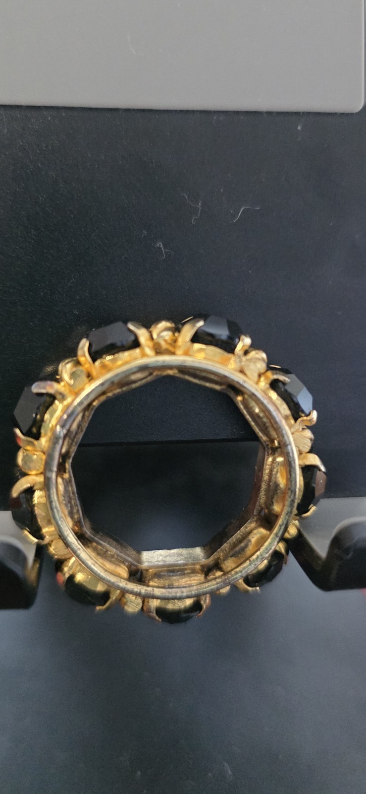 Gold Tone Black Onyx Prong Set Band 9 Stome Size 11. Unique LARGE ring