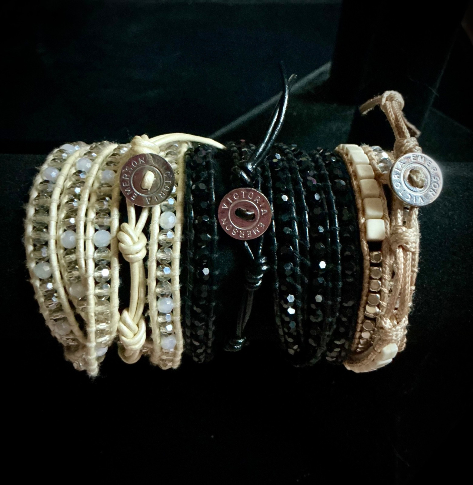 Victoria Emerson Wrap Bracelet Crystal Beaded Leather Black Cream Beige lot 3