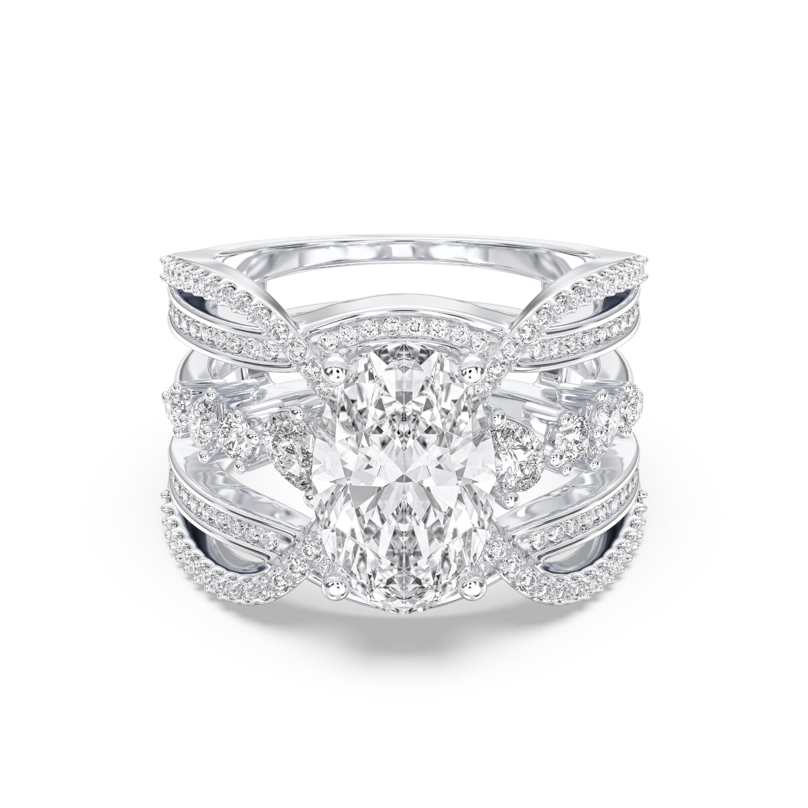 3.75 CT Oval , Pear & Round Cut Moissanite Luxuriance Engagement Ring in Silver