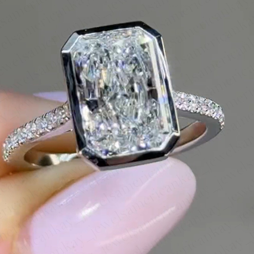 2.30Tcw Radiant Cut Moissanite Bezel Set Engagement Ring 14K White Gold Plated