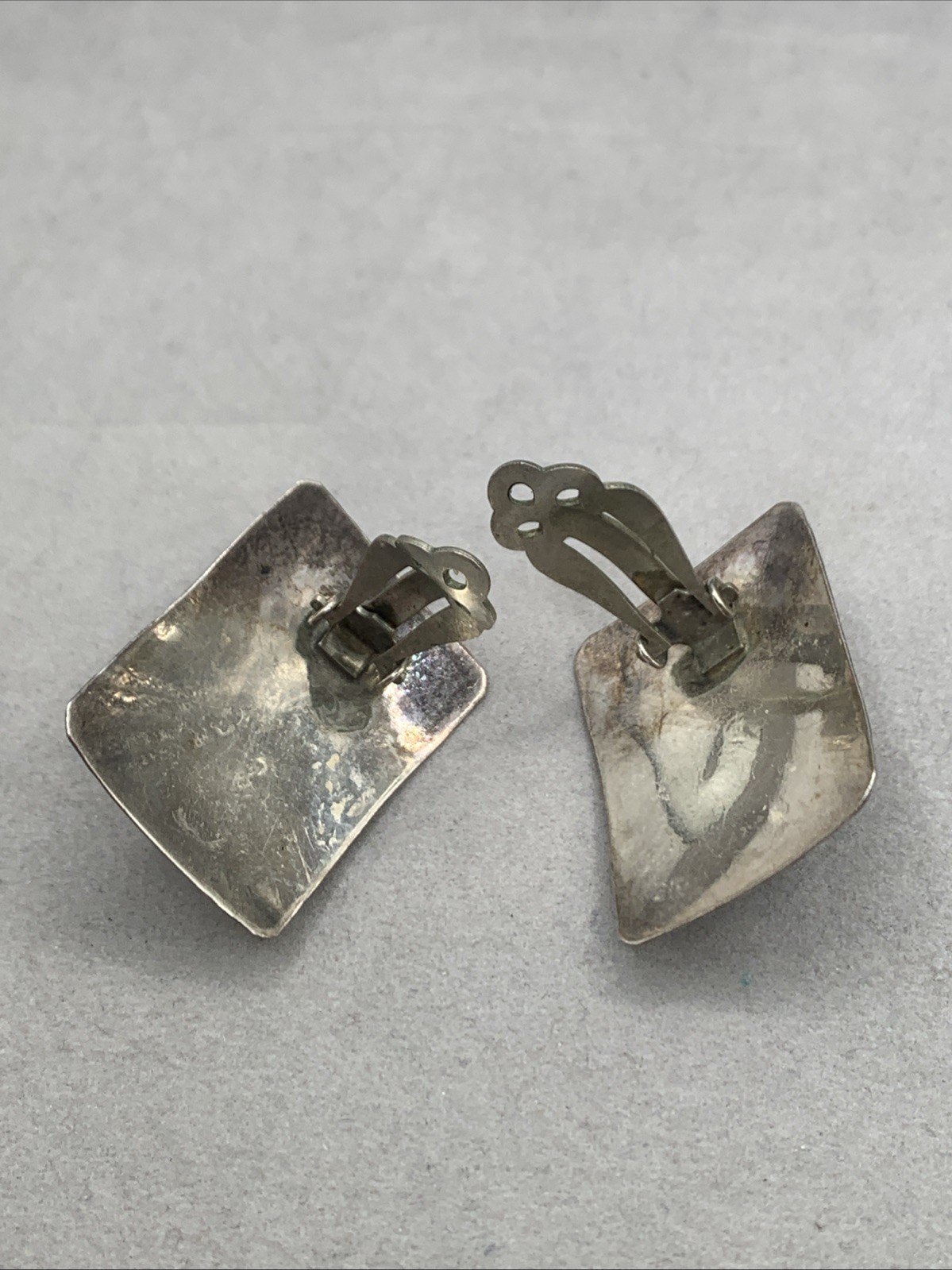Vintage Southwest Sterling Silver Black Onyx Rectangle Stamped Clip-On Earrings