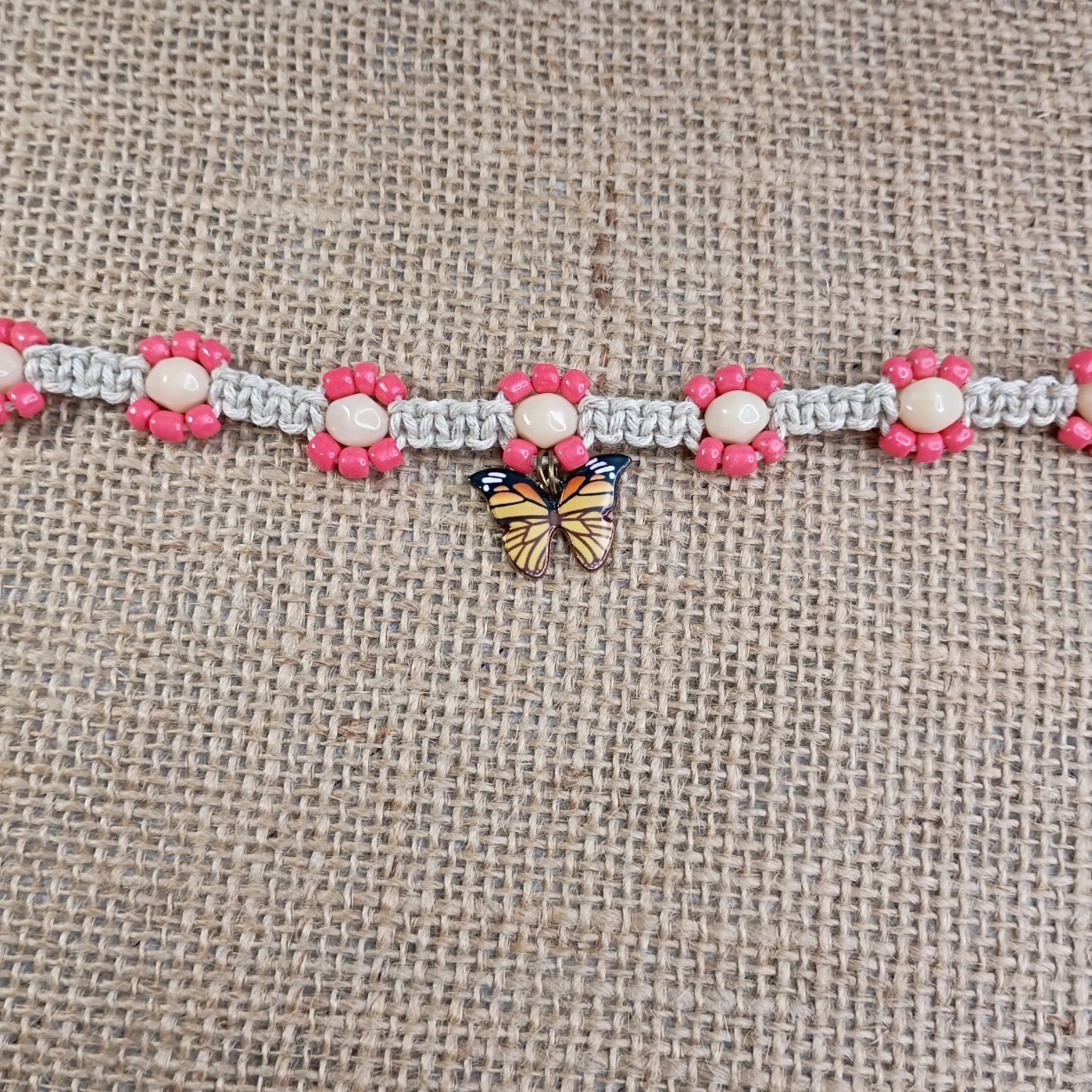 Natural Hemp Necklace w/ Butterfly Charm & Glass Beads, 17-22 inch Ready to Ship