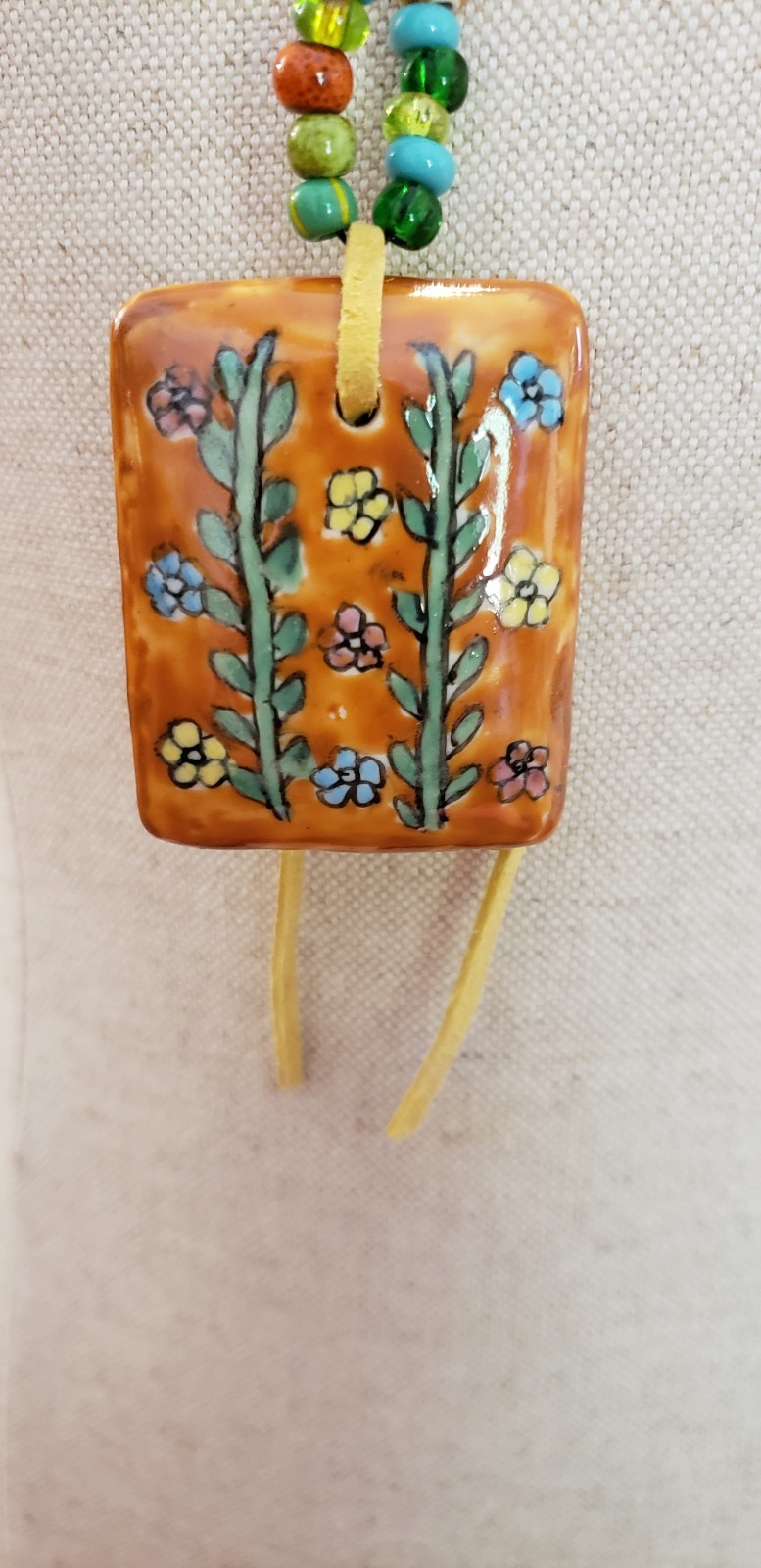 Handmade Ceramic Floral Pendant Necklace Czech Glass Beads Boho 32″ OOAK