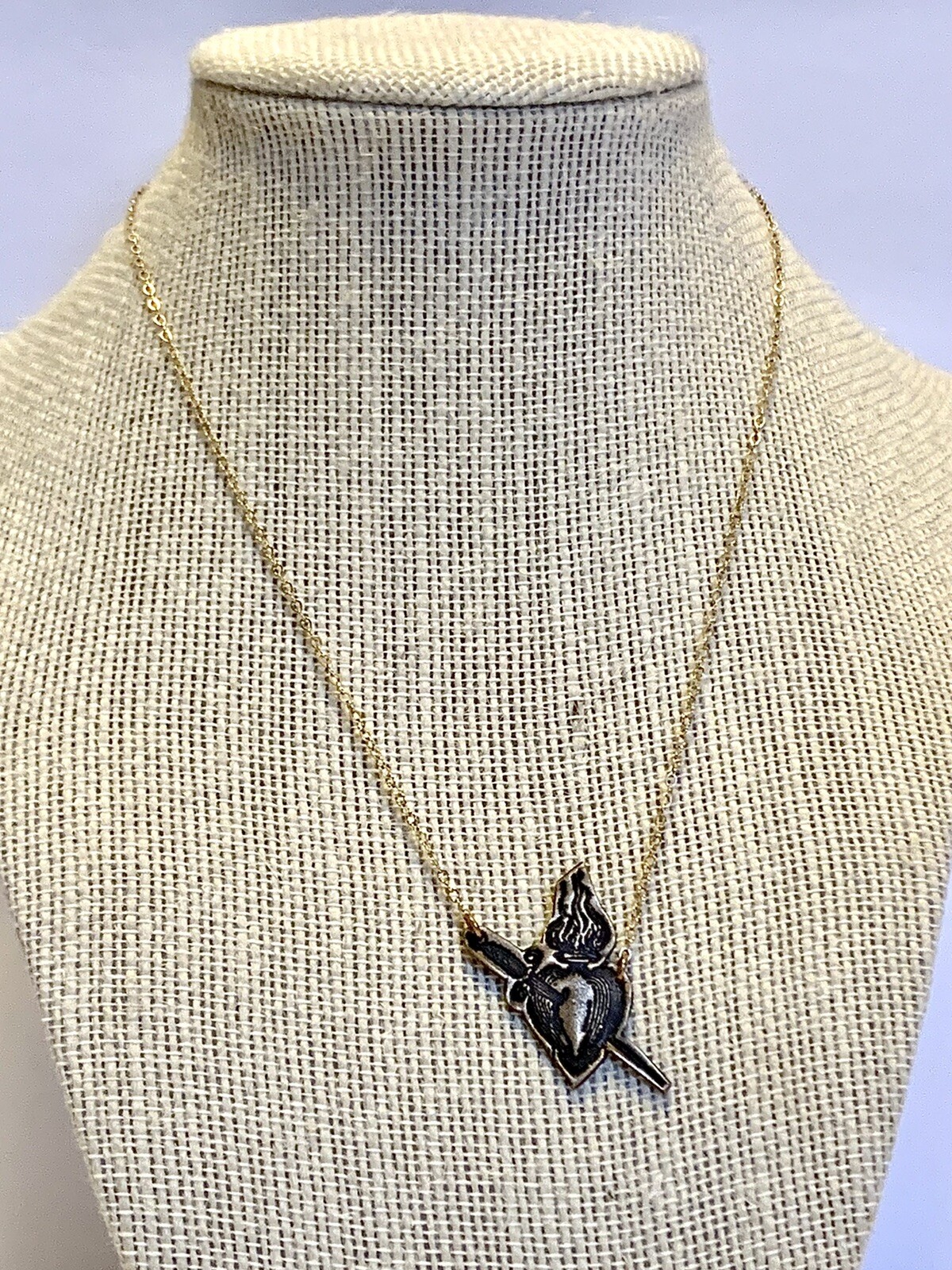 14K Gold Filled Flaming Heart & Sword Station Pendant Necklace 16-18”adj 3.87g