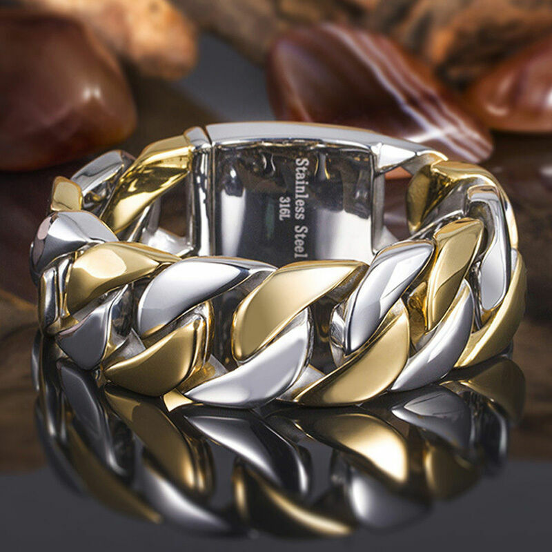 Heavy 170g Silver Gold 316L Stainless Steel Men’s Curb Cuban Bracelet 8.5″x24mm