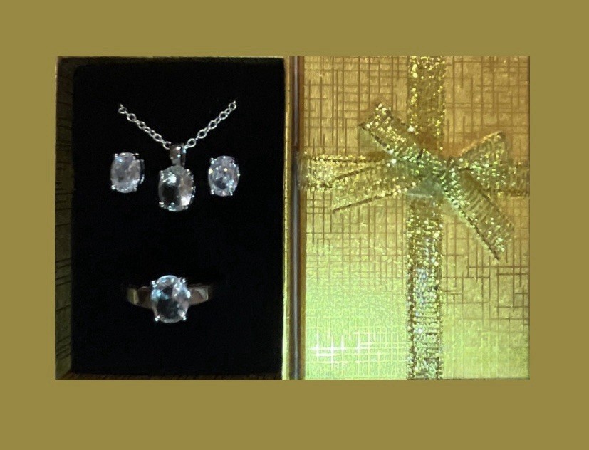 Elegant Natural White Sapphire Necklace, Earrings, & Ring Size 8 Set