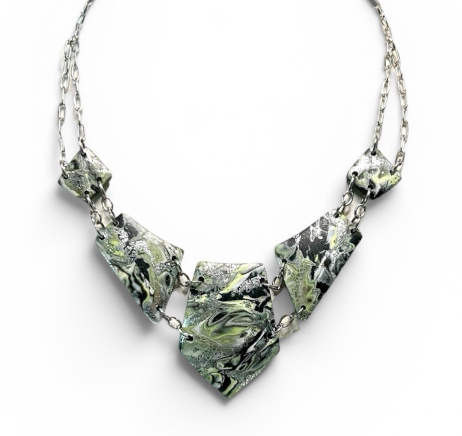 Green Black Silver Choker Style Handmade Polymer Clay Large Necklace SS Chain