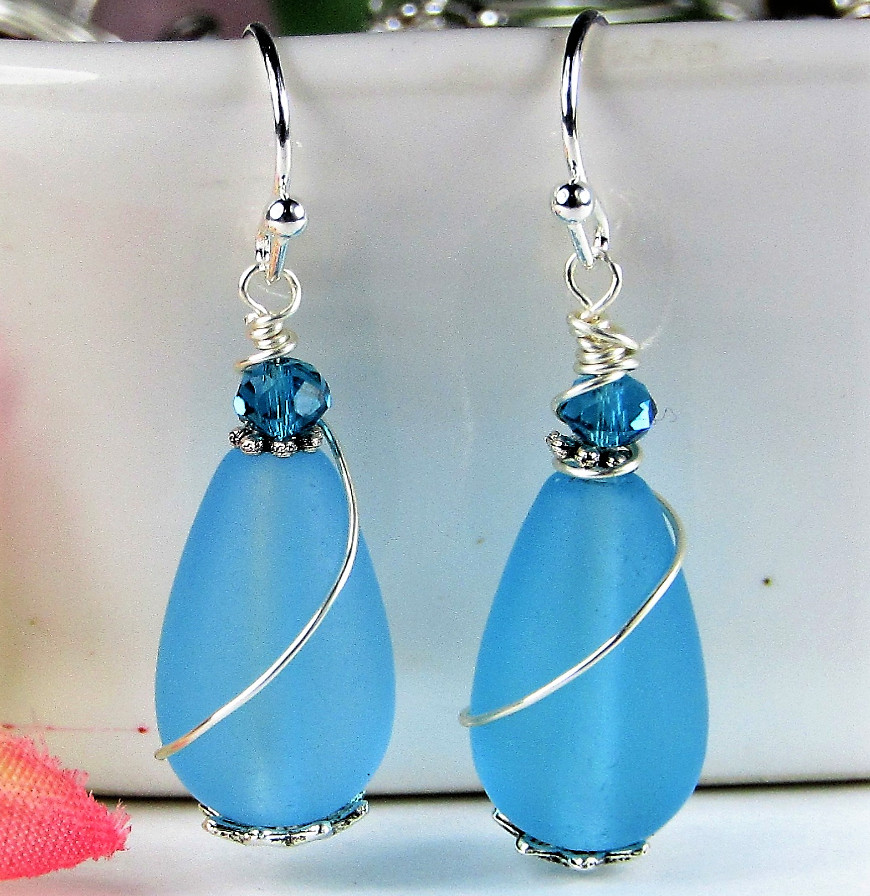 Teardrop-Shaped Frosted Sea Glass Silver Swirl Wire Ladies Dangle Earrings