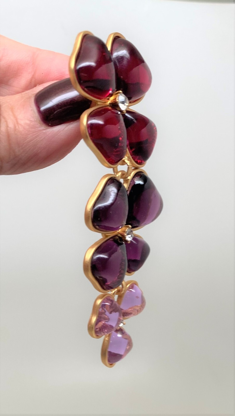 Vibrant Red, Purple & Pink Glass Cabochon Gold Plated Clip on Long Earrings