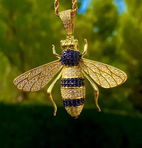 Round Simulated Sapphire Women’s Stunning Bee Pendant In 14K Yellow Gold Plated