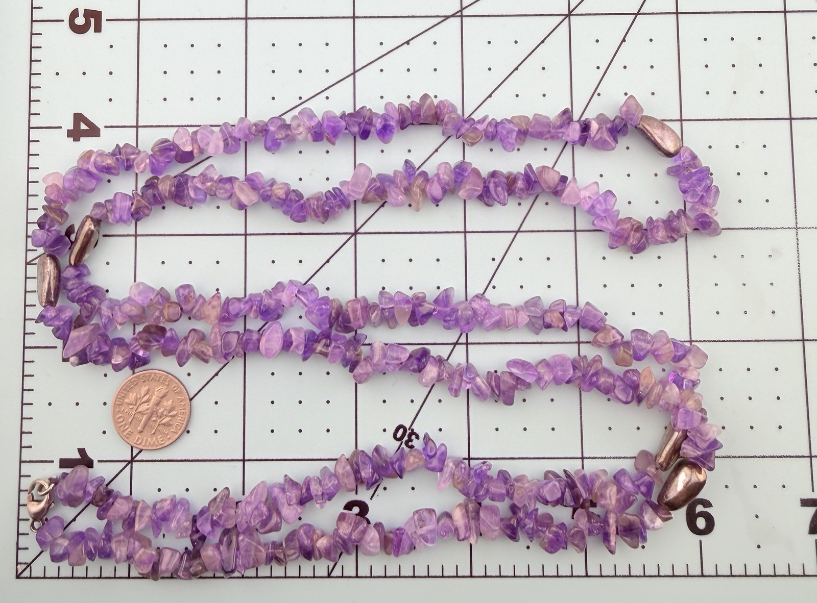 Amethyst Chip Necklace 39.5” Long Strand Hematite Beads 925 Sterling Clasp