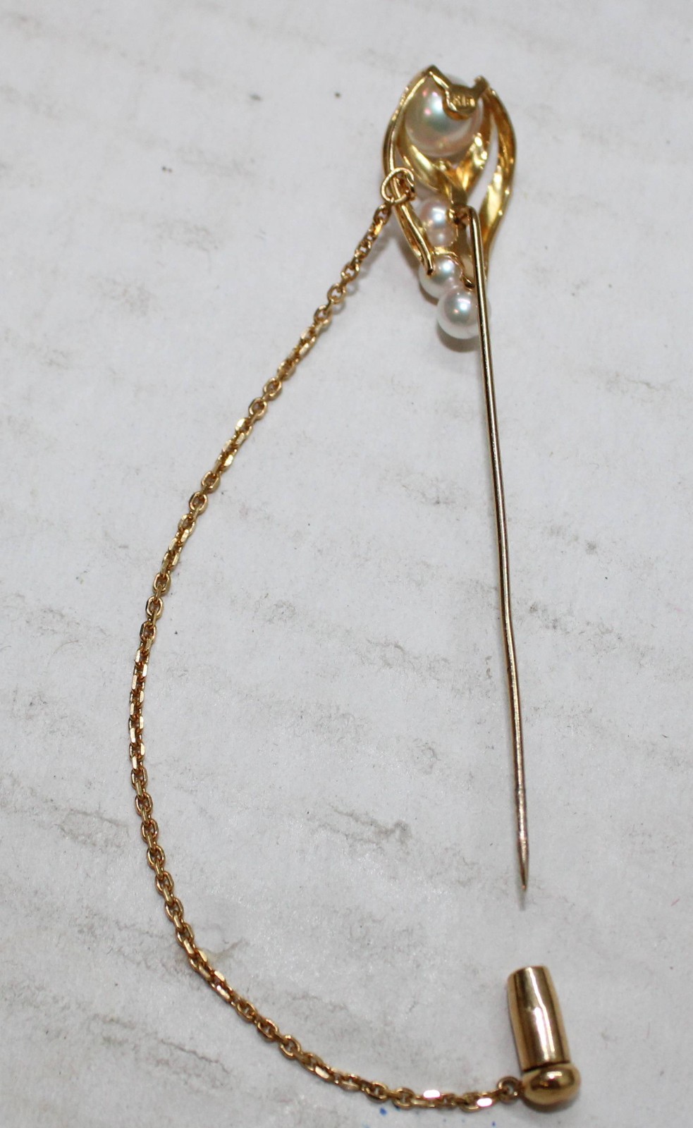 18K Gold & 4 Pinkish Pearls Stick Pin / Brooch 3.3 Grams 3 1/2″ Long