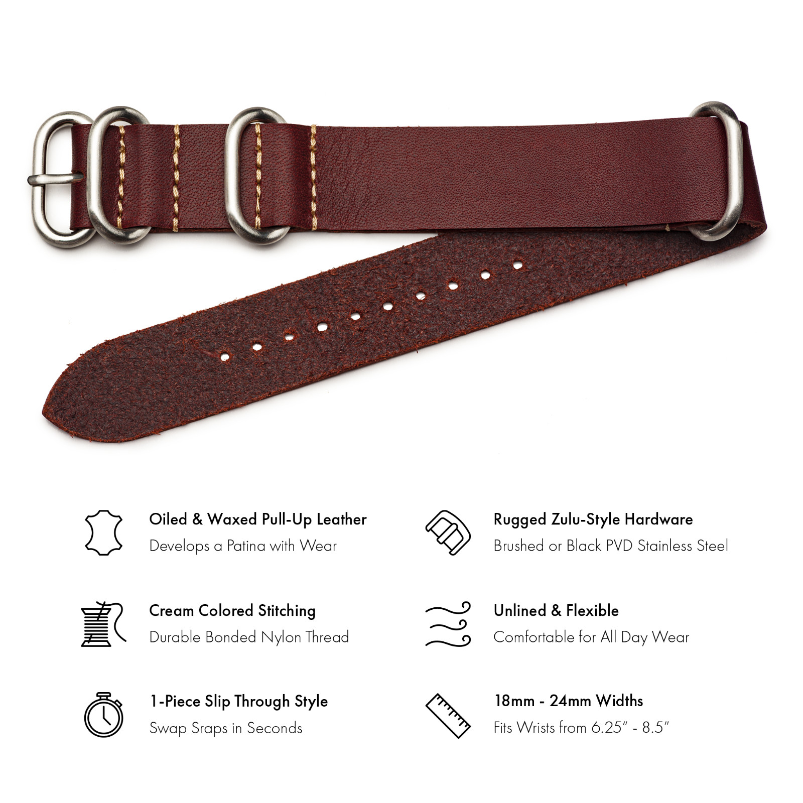 Crazy Horse Leather One Piece Watch Band – Oxblood Red – 18, 20, 22 or 24mm