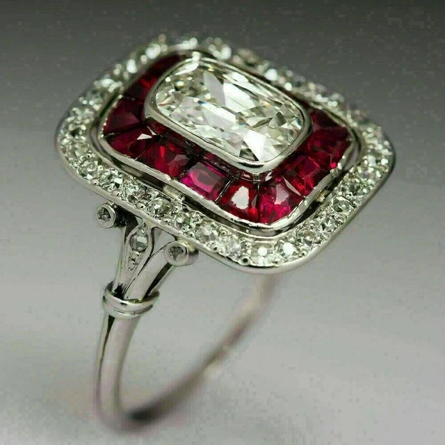 3Ct Emerald Cut Simulated Diamond & Ruby Engagement Ring 14K White Gold Plated