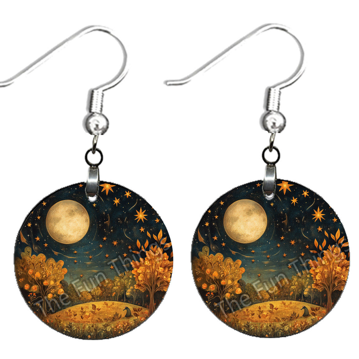 Autumn Celestial Art Print Earrings NO TARNISHING Wood Full Moon Starry Sky