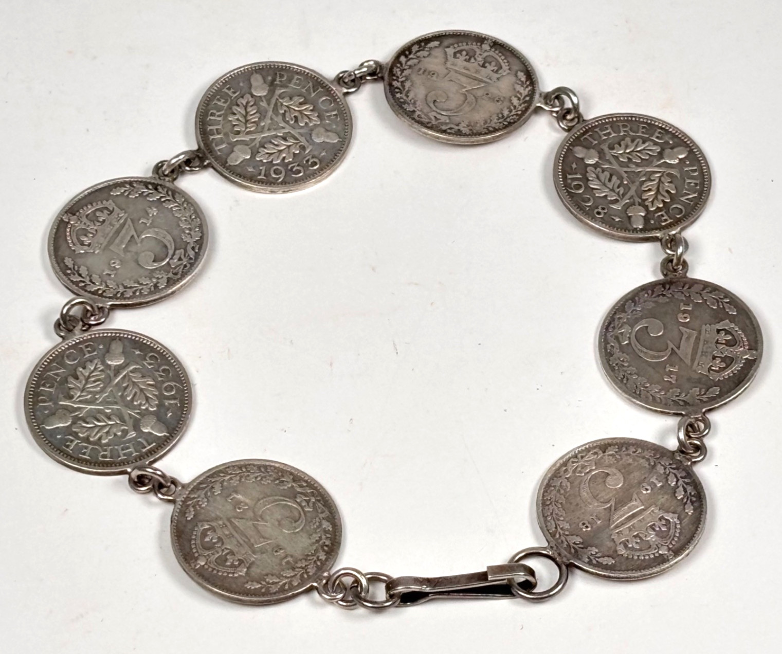 Vintage Silver Charm Bracelet King George V Three Pence Coins British Retro