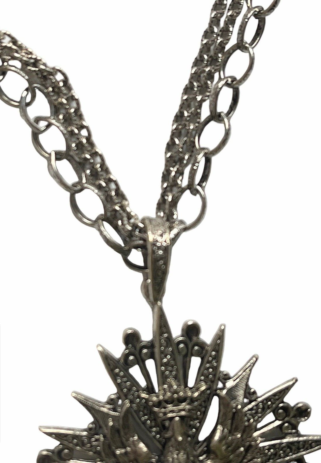 ART Vintage Silvertone Necklace Heraldic Eagle & Crown Pendant 3 Strand Chain