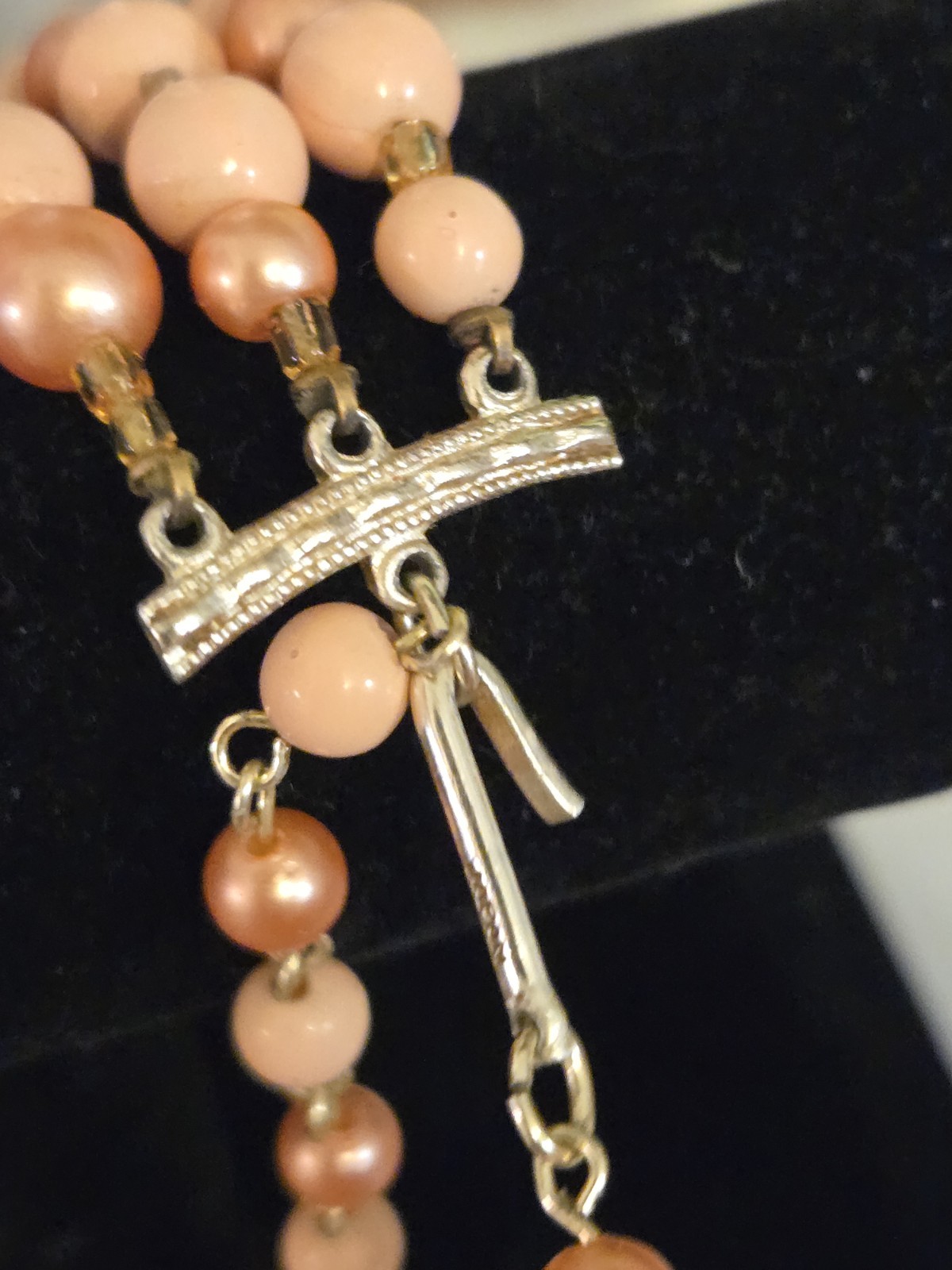 Vintage Japan Triple Strand Bead Necklace with Gold Tone Peach & Cream 19 In