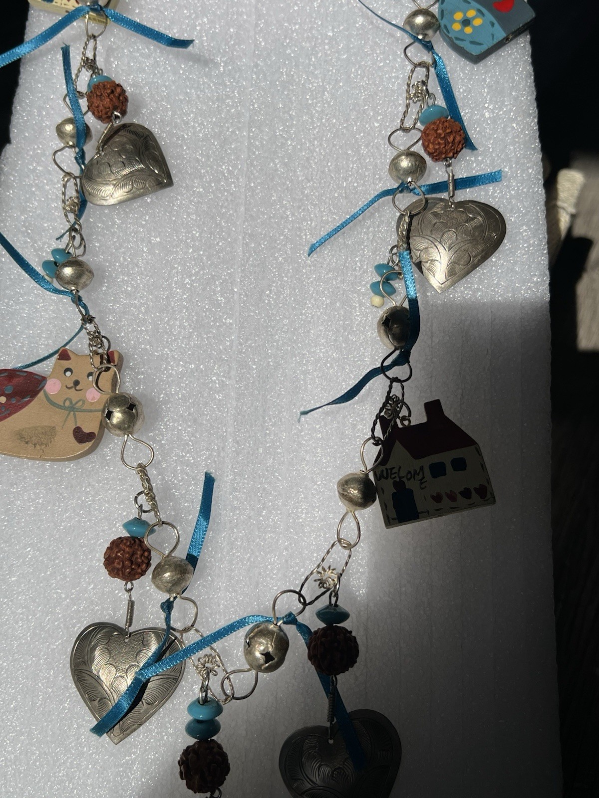 Multicolor Charm Necklace with Heart, House, Cat Pendants, Metal, Wood, Ribbon