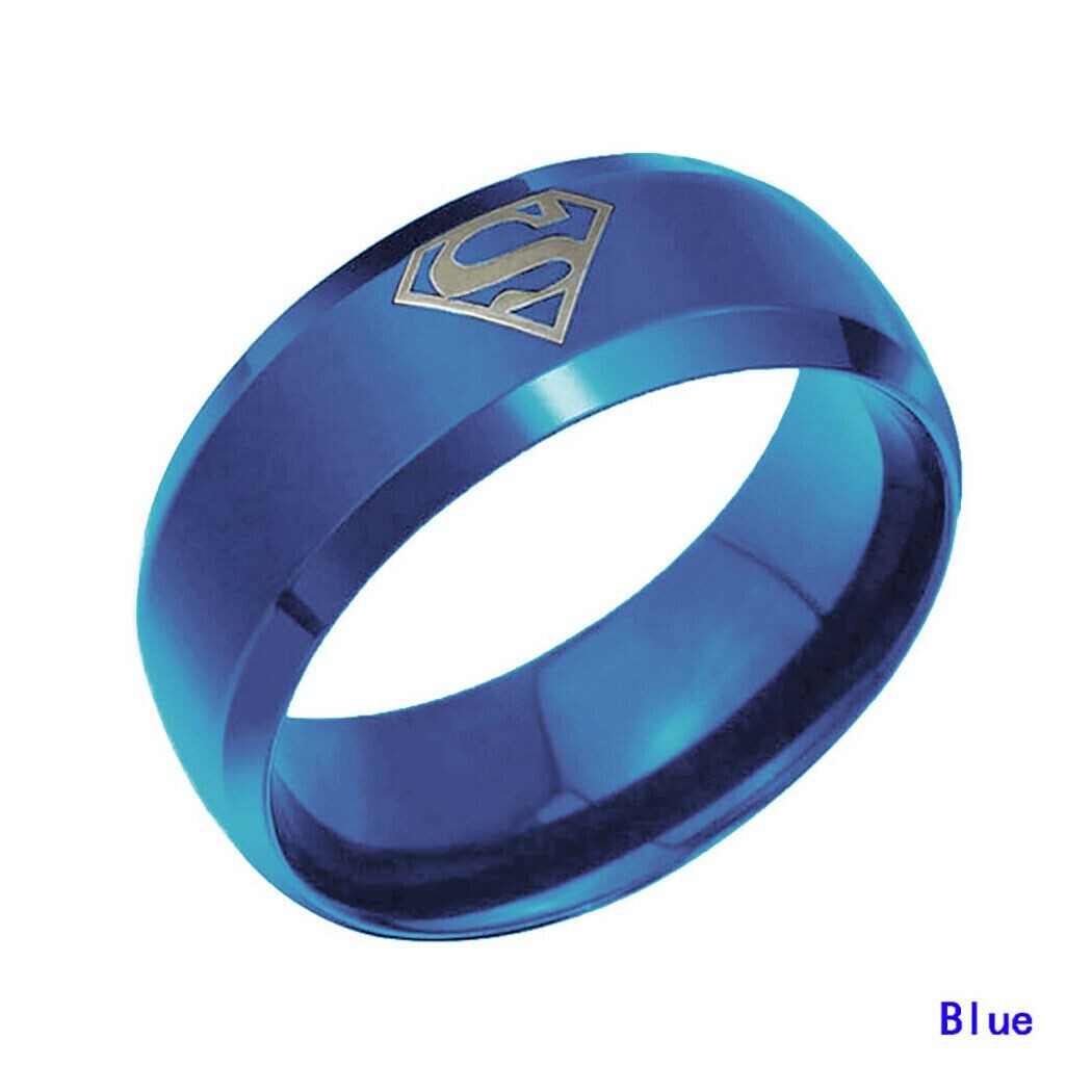 Superman Emblem Solid Color 8mm Stainless Steel Ring Gold Silver Blue Black Ring