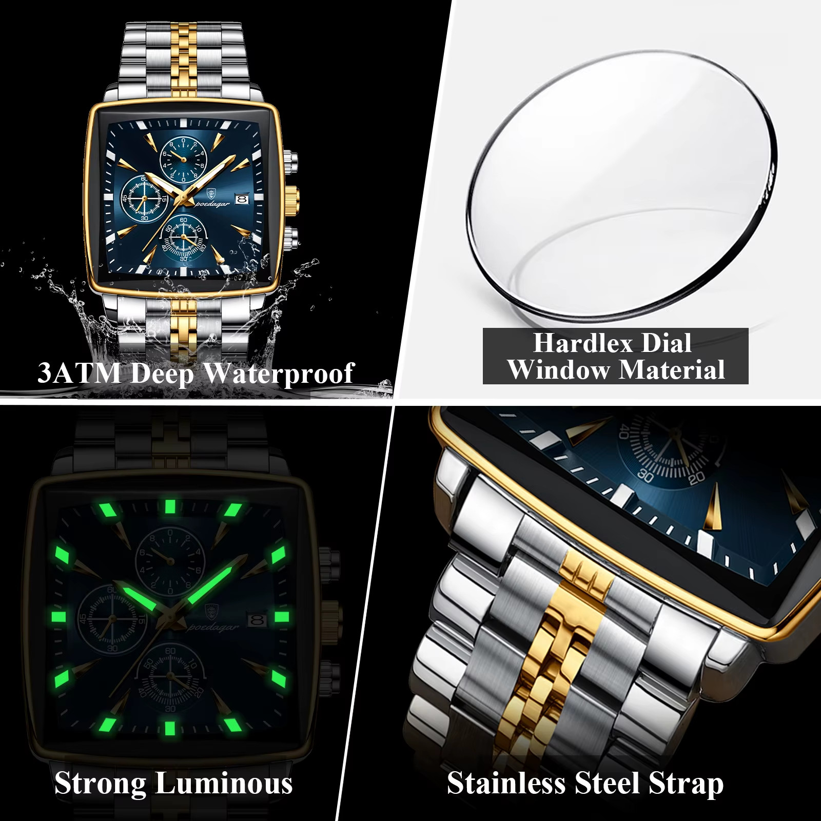 Men Luminous Quartz Watch Waterproof Chronograph Stainless Steel Wristwatch