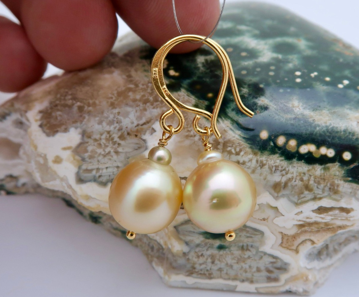 AA+ PHILIPPINES ISLANDS CULTURED GOLD PEACOCK PEARL EARRINGS *24K GOLD VERMEIL