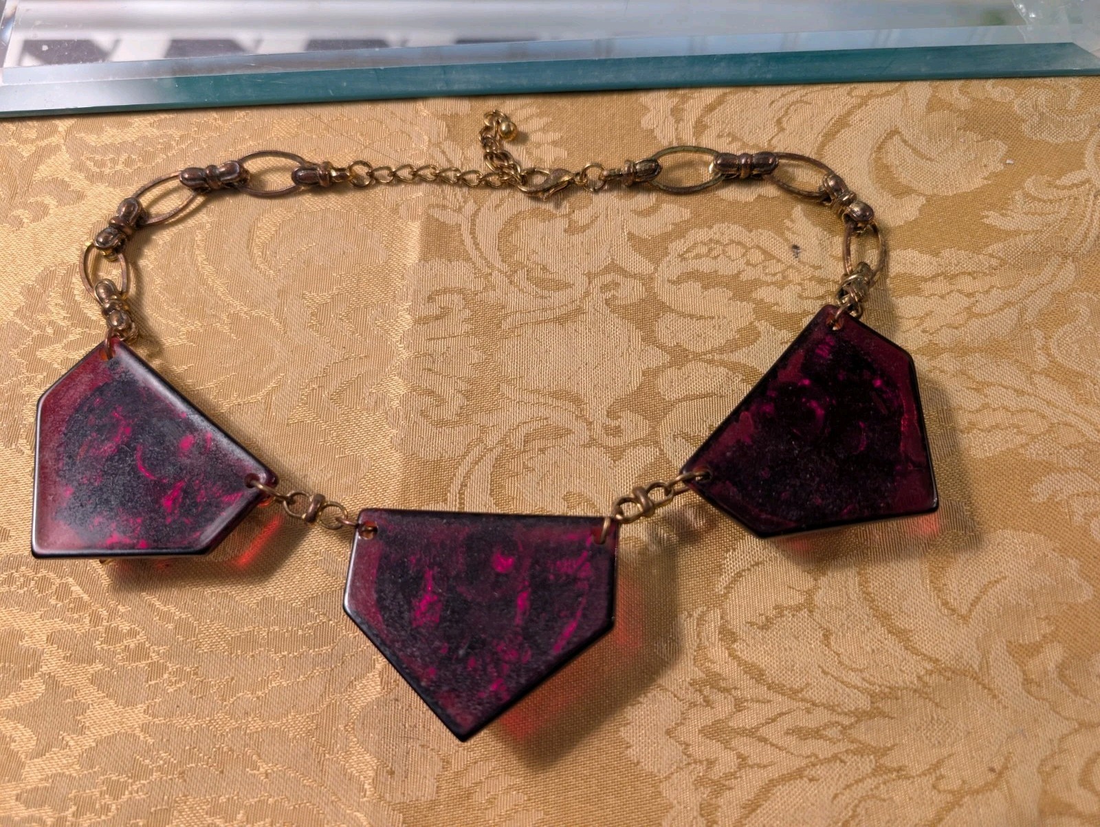 Stunning Necklace With 3 Dark Amber Pendants W/Large Sparkling Rhinestones