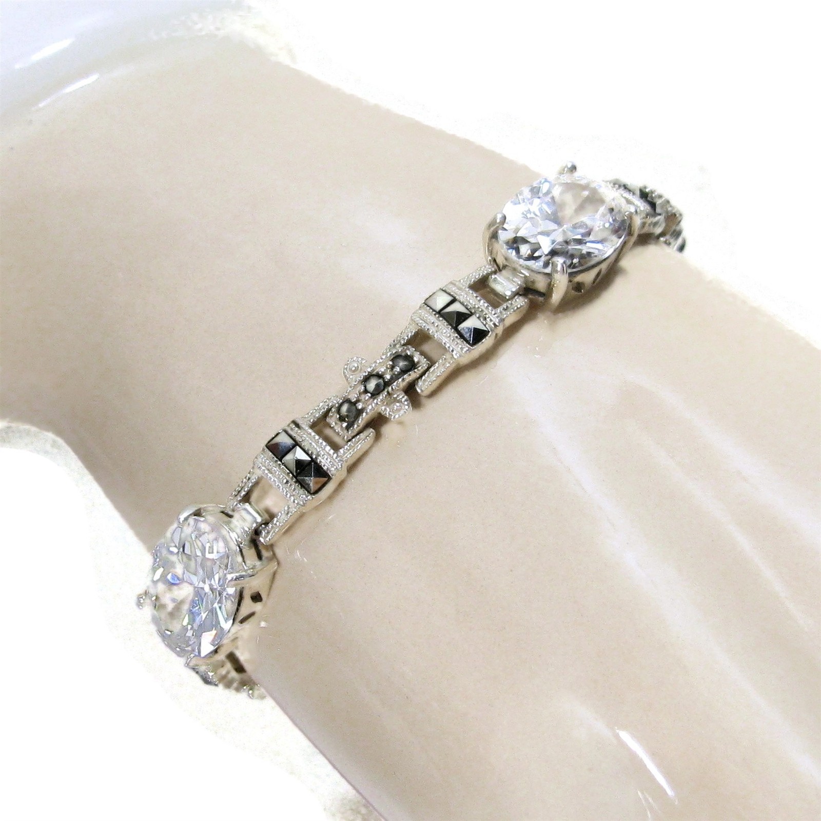 Vintage Sterling Art Deco Style Marcasite CZ Silver Bracelet 7 1/4″