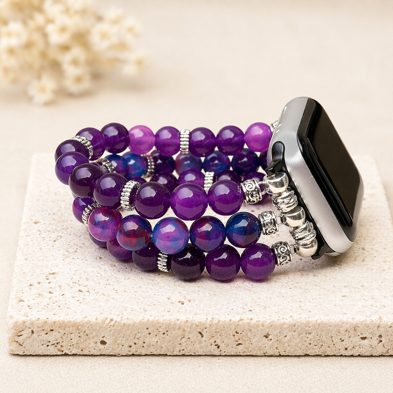 Beaded Apple Watch Band Amethyst Purple Sugilite Gemstone Silver Handmade Strap